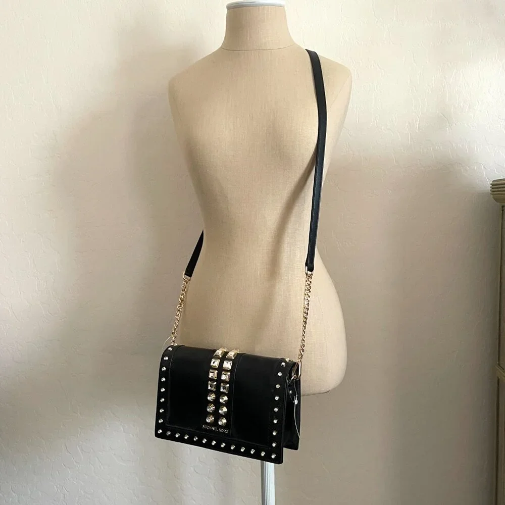 New Michael Kors Crossbody Bag Black Gold Rhinestone Crystal Studs Chain Flap MK